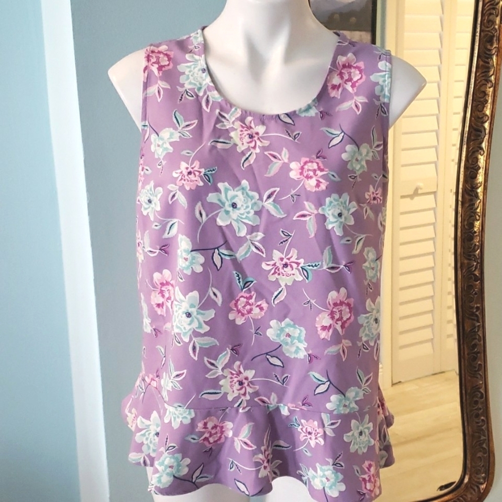 DENIM & CO FLORAL SLEEVELESS TOP WITH RUFFLE ORCHID